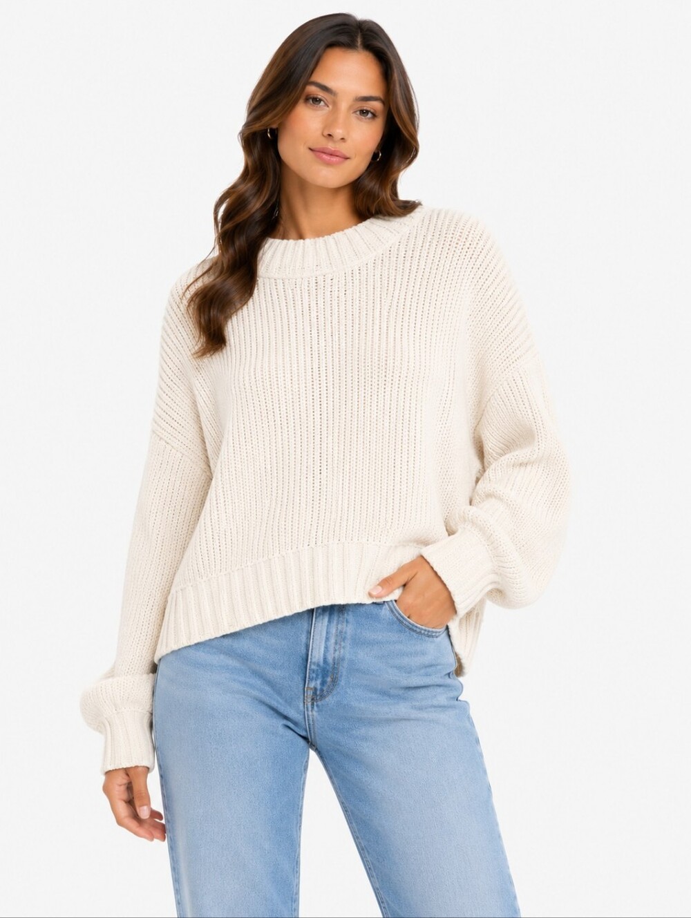 98. Aerie Cream Crewneck Knit Sweater - Classic Cozy Pullover